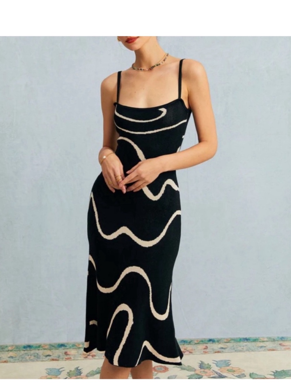 RIHOAS Black Midi Slip Dress with Cream Wave Design